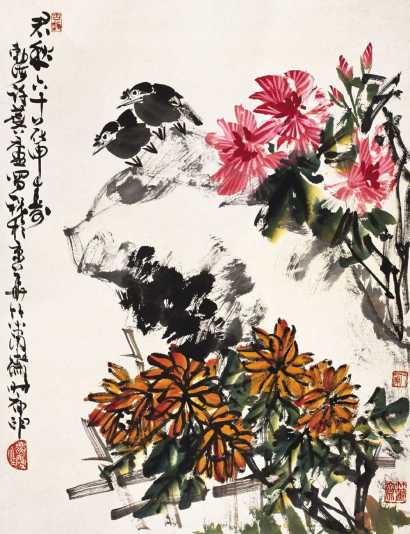 许麐庐 庚申（1980）年作 菊花芙蓉喜鹊 立轴